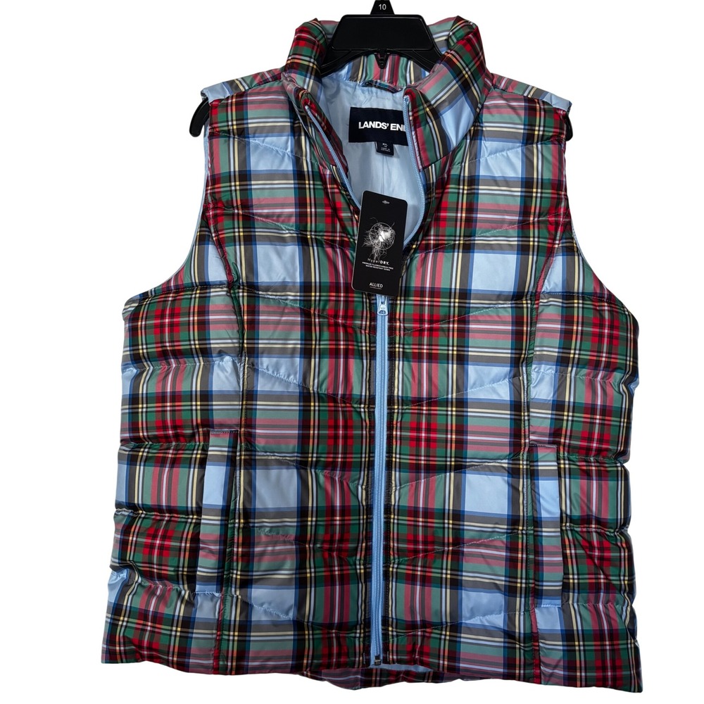 Lands' End Women's Puffer Vest XL New Plaid HyperDRY Insulated Full Zip